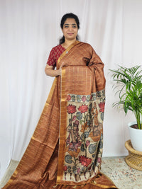 Soft Semi Tussar Checks Weaving with Kalamkari - Honey Brown