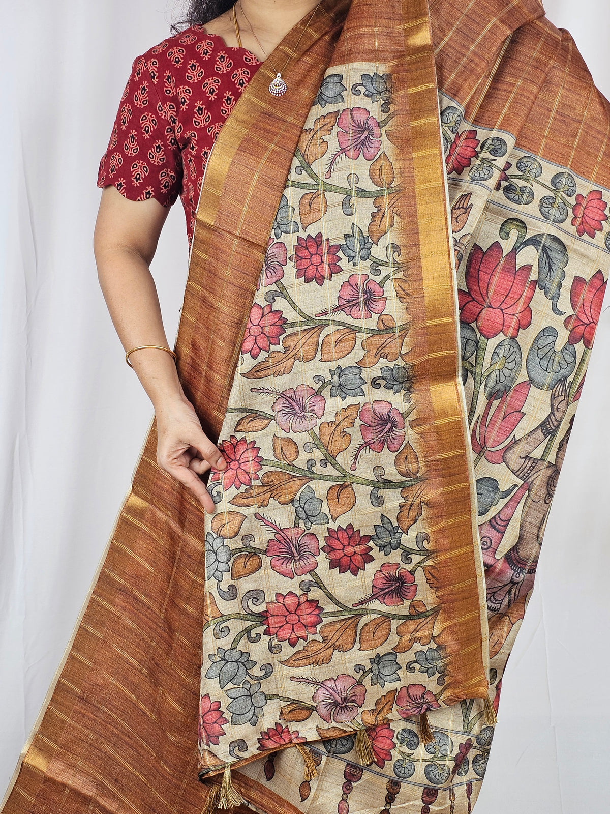 Soft Semi Tussar Checks Weaving with Kalamkari - Honey Brown
