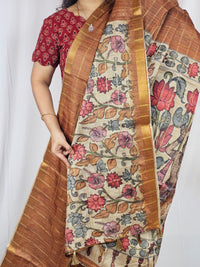 Soft Semi Tussar Checks Weaving with Kalamkari - Honey Brown
