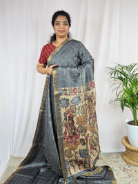 Soft Semi Tussar Checks Weaving with Kalamkari - Grey