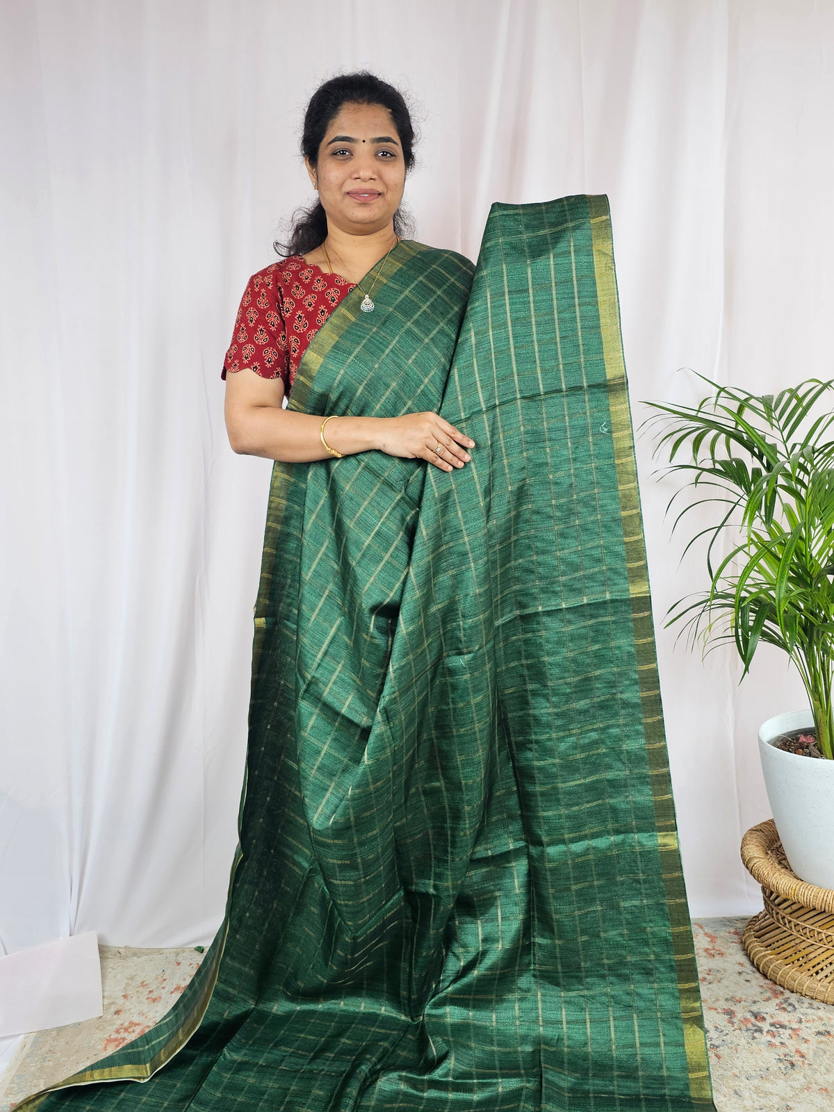 Soft Semi Tussar Checks Weaving with Kalamkari - Dark Green