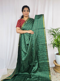 Soft Semi Tussar Checks Weaving with Kalamkari - Dark Green
