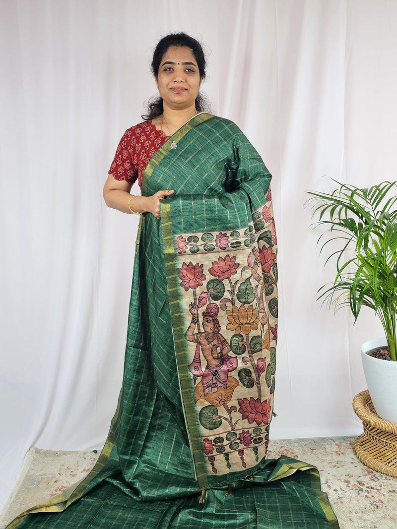 Soft Semi Tussar Checks Weaving with Kalamkari - Dark Green