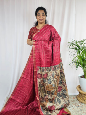 Soft Semi Tussar Checks Weaving with Kalamkari - Dark Pink