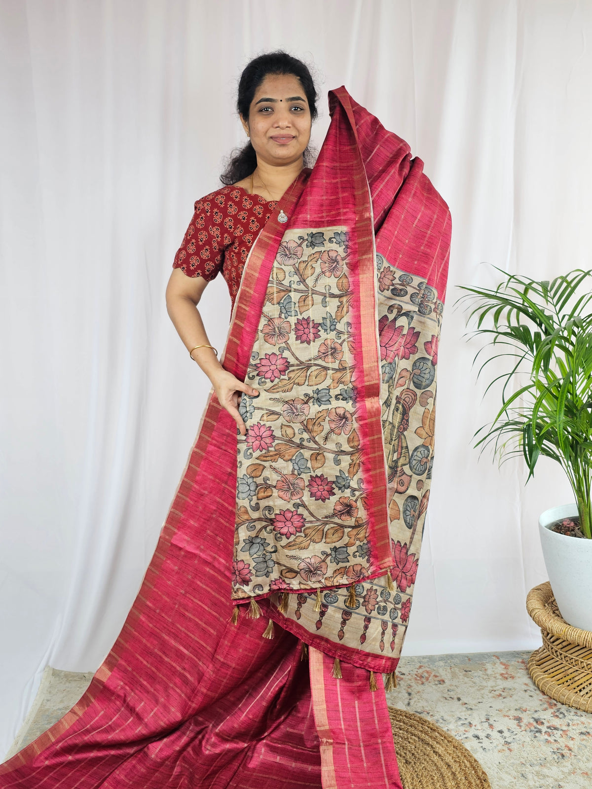 Soft Semi Tussar Checks Weaving with Kalamkari - Dark Pink