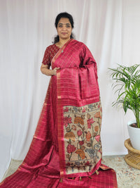 𝐏𝐫𝐞𝐛𝐨𝐨𝐤𝐢𝐧𝐠 𝐀𝐯𝐚𝐢𝐥𝐚𝐛𝐥𝐞 𝟐𝟎 𝐝𝐚𝐲𝐬 - 𝐃𝐢𝐬𝐩𝐚𝐭𝐜𝐡 𝐓𝐢𝐦𝐞 Soft Semi Tussar Checks Weaving with Kalamkari - Dark Pink