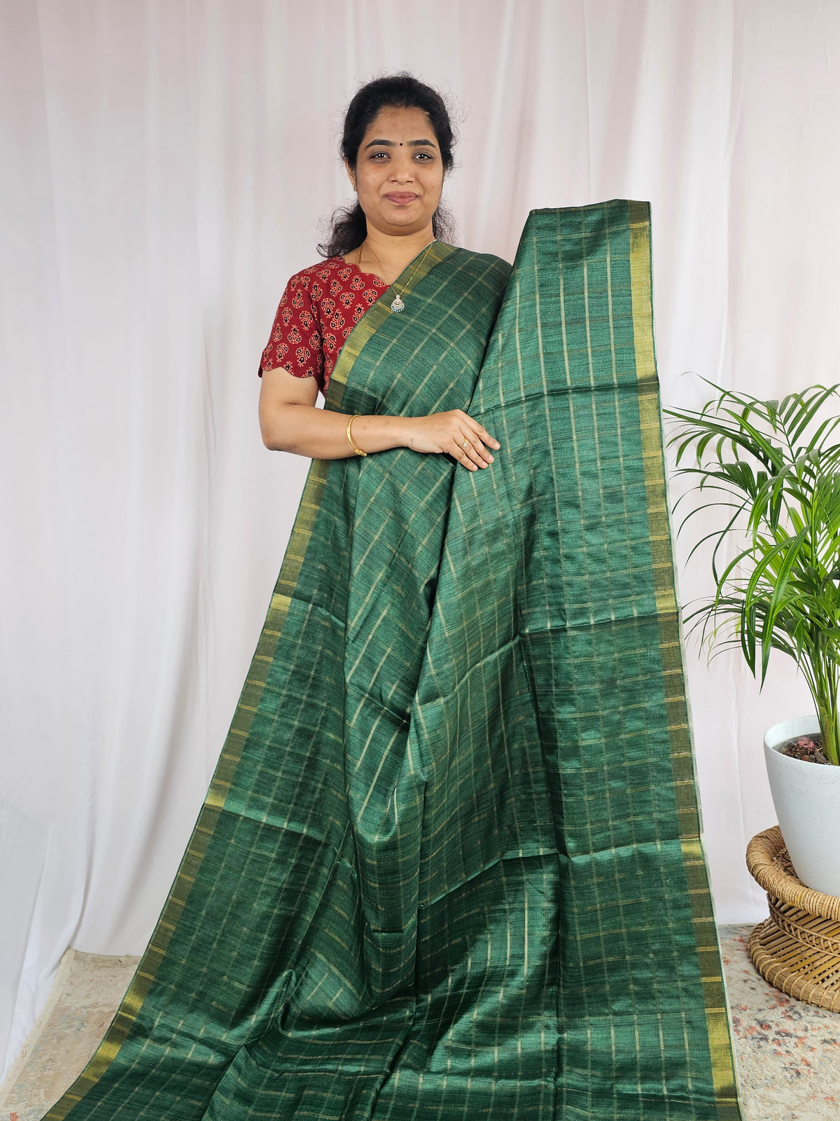 Soft Semi Tussar Checks Weaving with Kalamkari - Dark Green