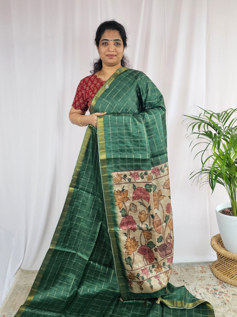Soft Semi Tussar Checks Weaving with Kalamkari - Dark Green