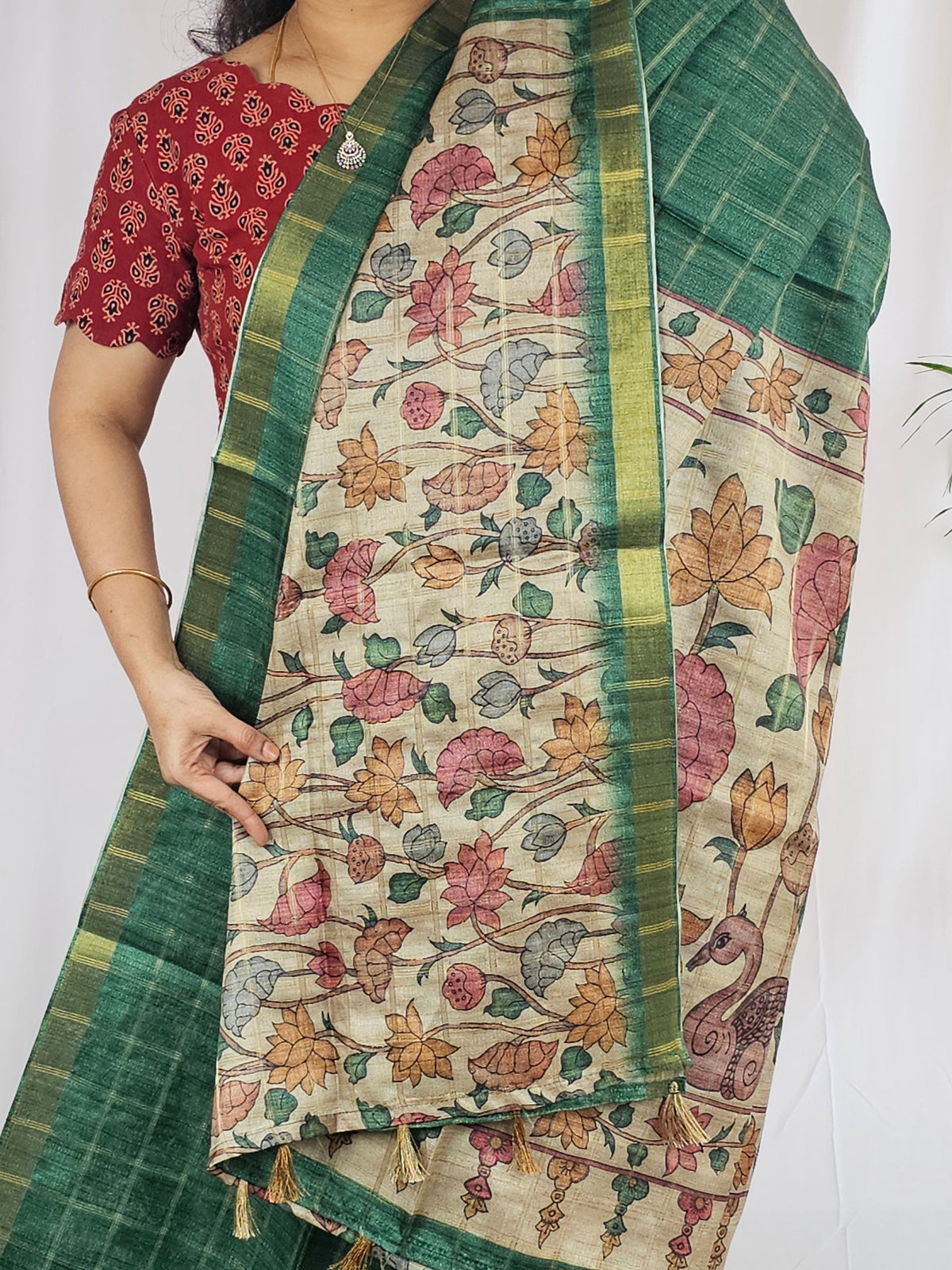 Soft Semi Tussar Checks Weaving with Kalamkari - Dark Green