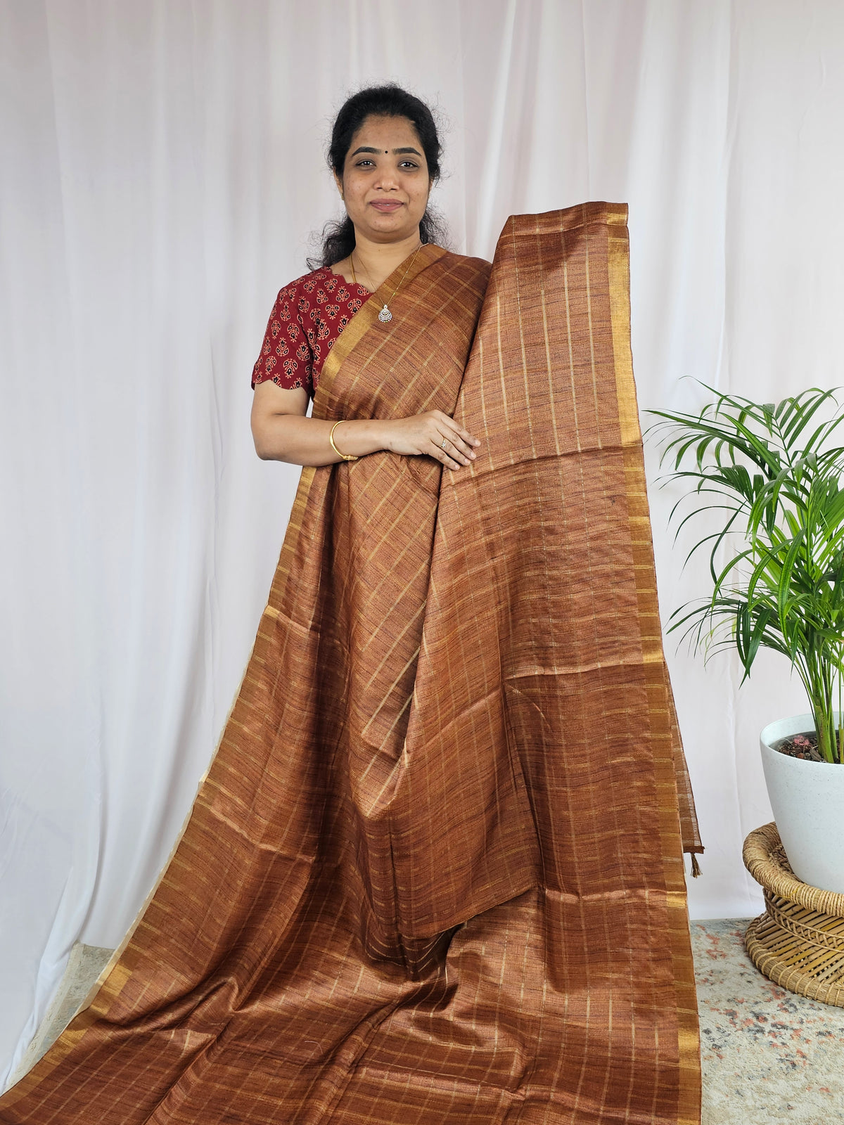 Soft Semi Tussar Checks Weaving with Kalamkari - Honey Brown