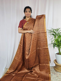 Soft Semi Tussar Checks Weaving with Kalamkari - Honey Brown