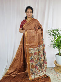 Soft Semi Tussar Checks Weaving with Kalamkari - Honey Brown