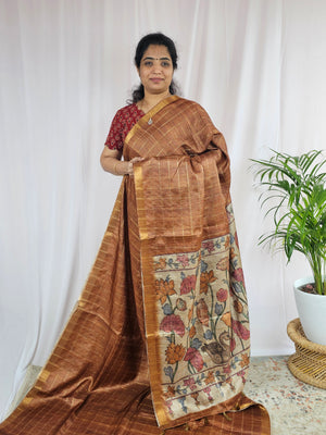 Soft Semi Tussar Checks Weaving with Kalamkari - Honey Brown