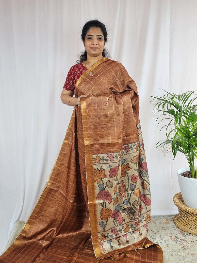 Soft Semi Tussar Checks Weaving with Kalamkari - Honey Brown