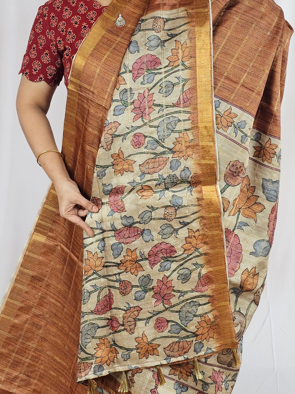 Soft Semi Tussar Checks Weaving with Kalamkari - Honey Brown