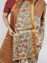 Soft Semi Tussar Checks Weaving with Kalamkari - Honey Brown