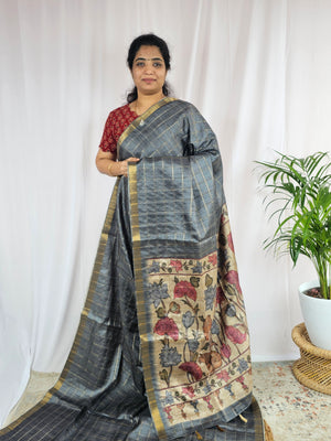 Soft Semi Tussar Checks Weaving with Kalamkari - Grey