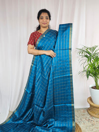 Soft Semi Tussar Checks Weaving with Kalamkari - Blue