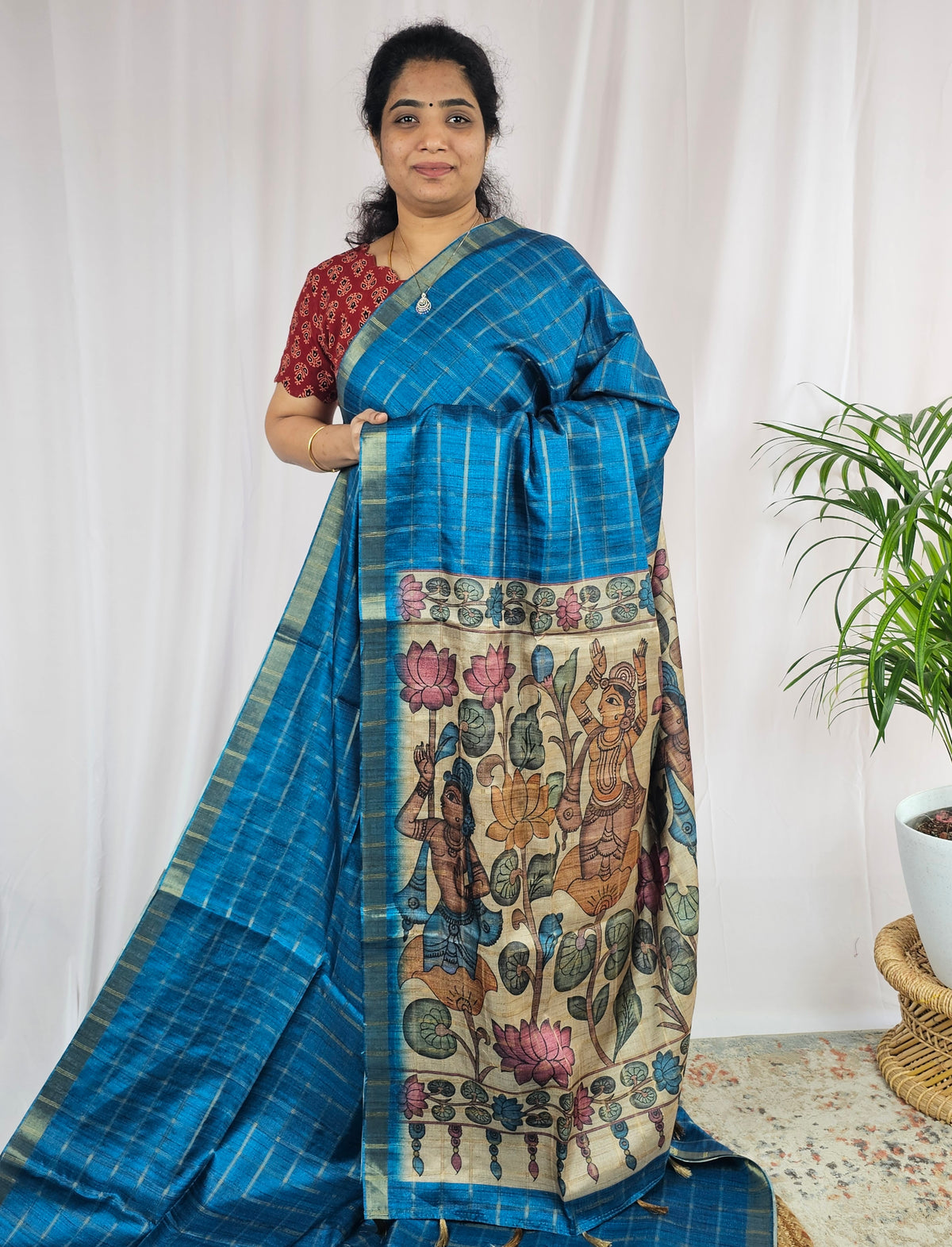 Soft Semi Tussar Checks Weaving with Kalamkari - Blue