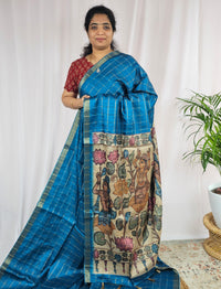 Soft Semi Tussar Checks Weaving with Kalamkari - Blue