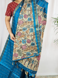 Soft Semi Tussar Checks Weaving with Kalamkari - Blue