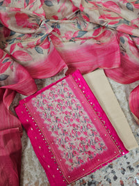 Silk Unstitched Salwar - Pink with Cream
