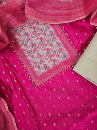 Silk Unstitched Salwar - Pink with Cream