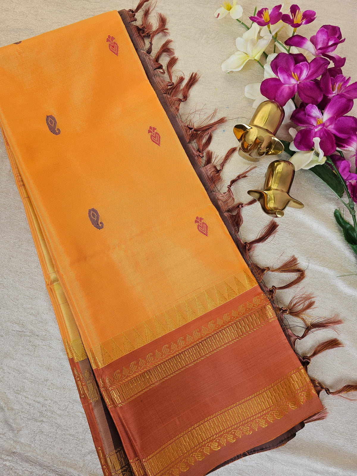 Mango Yellow with Brown Chinnalampattu Saree with Blouse