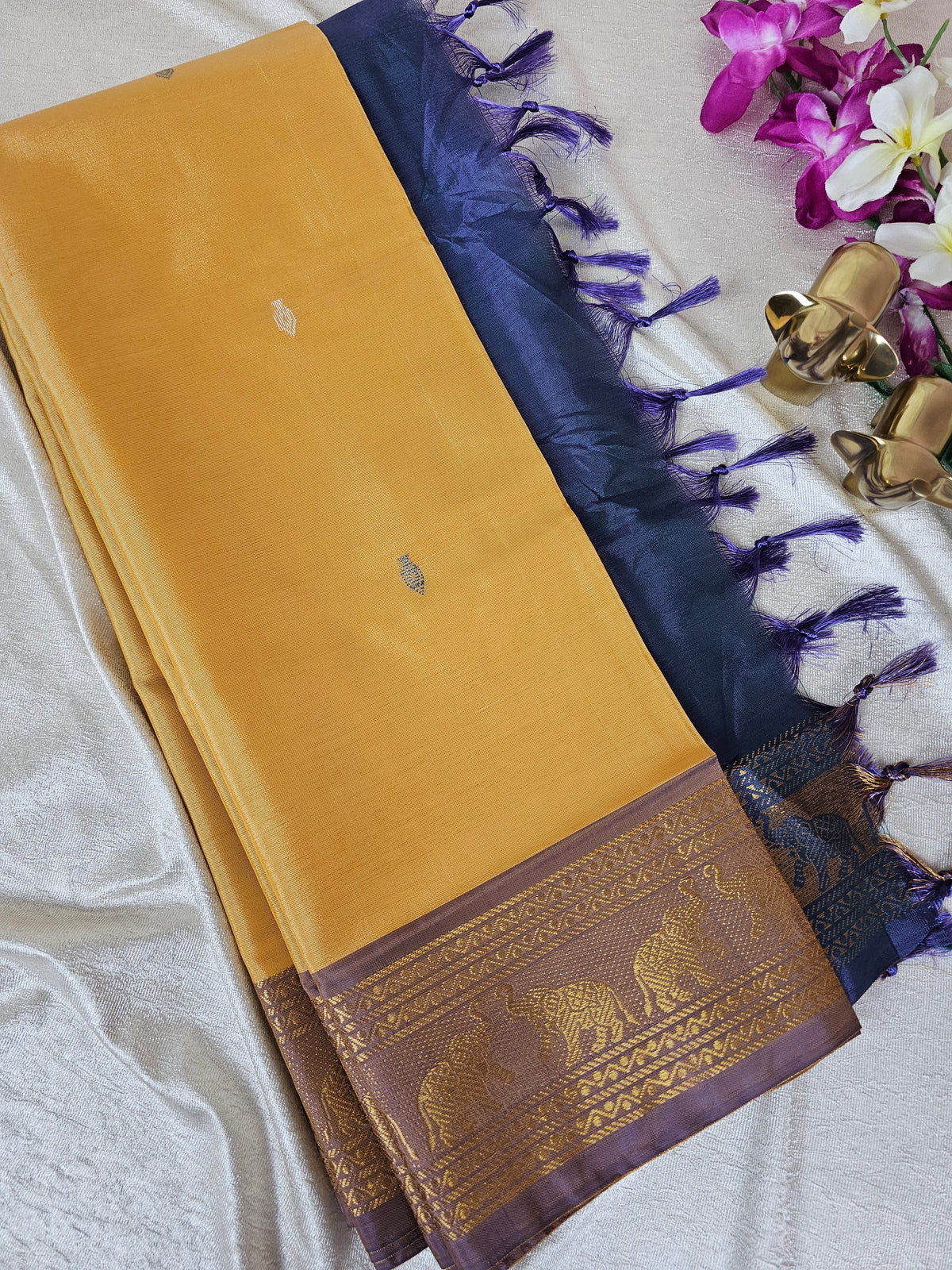 Sandel with Peacock Blue Chinnalampattu Saree with Blouse