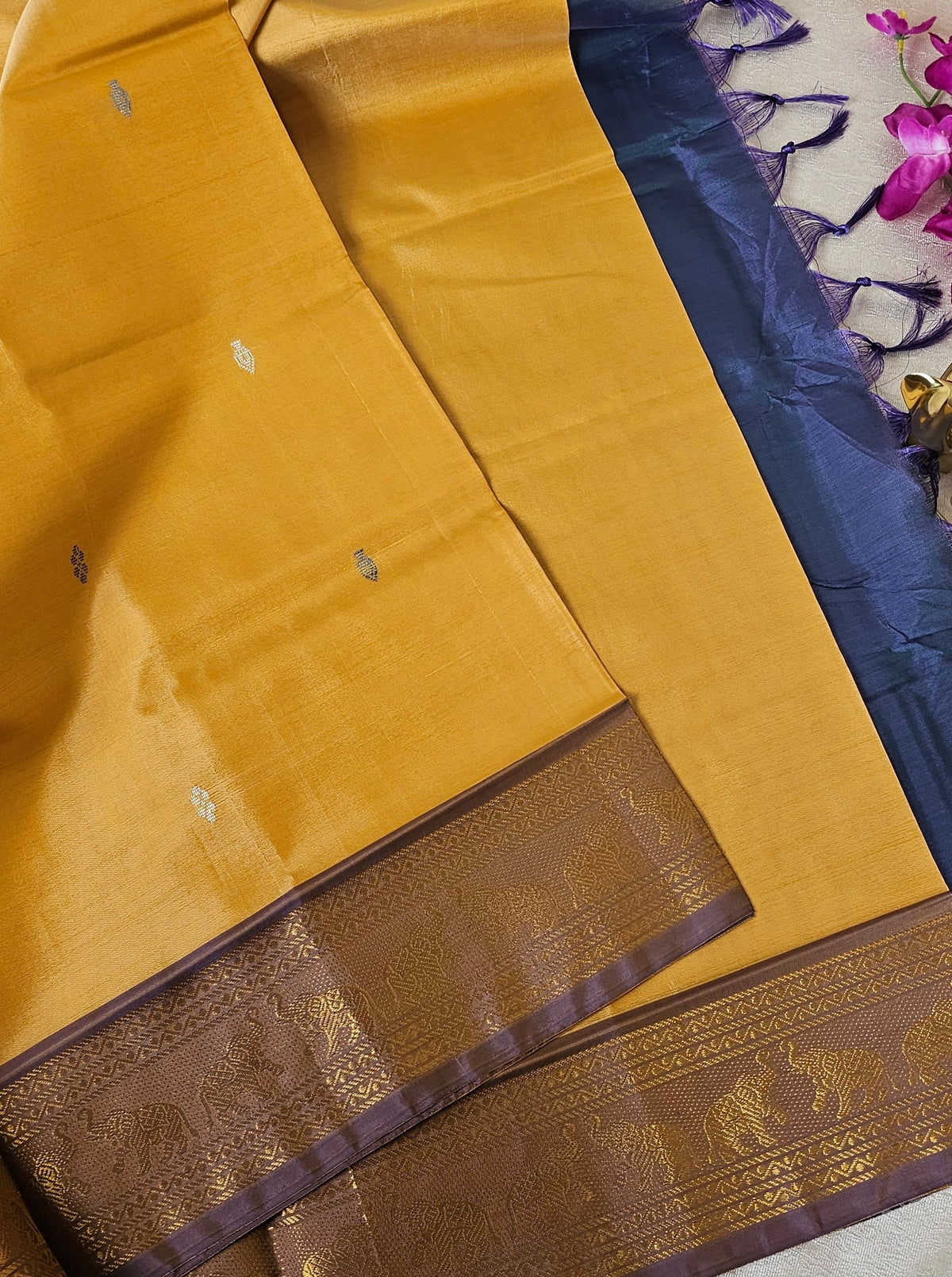 Musterd Yellow with Grey Chinnalampattu Saree with Blouse