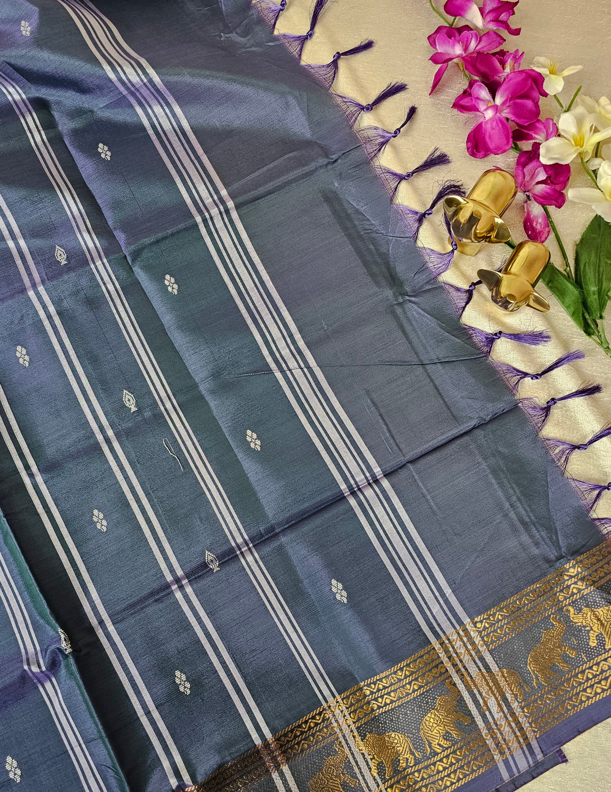 Musterd Yellow with Grey Chinnalampattu Saree with Blouse