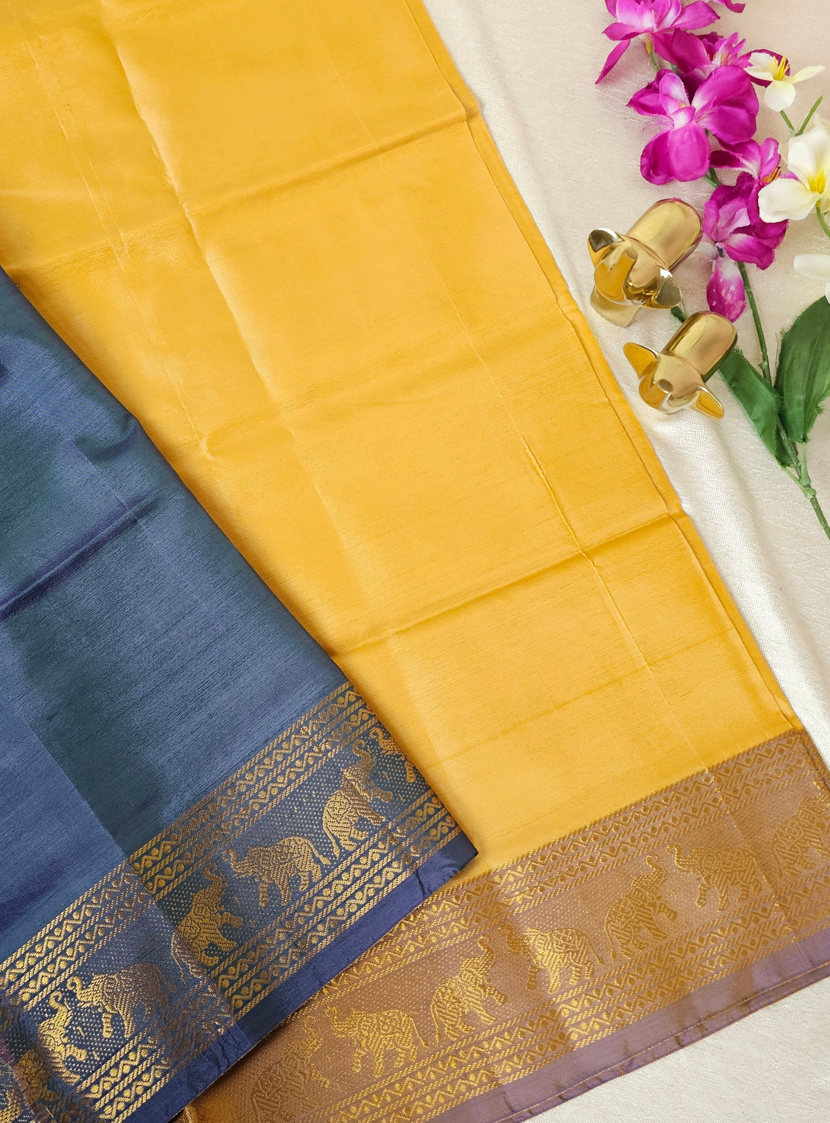 Musterd Yellow with Grey Chinnalampattu Saree with Blouse