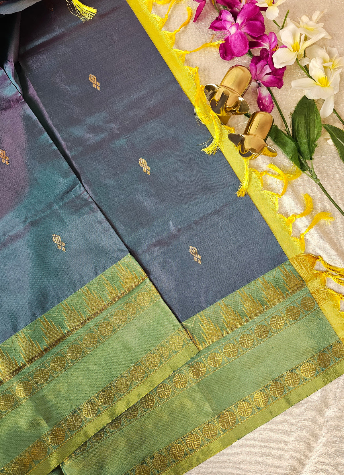 Peacock Blue with Yellow Chinnalampattu Saree with Blouse