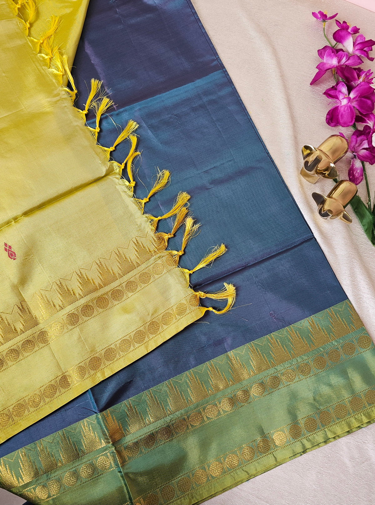 Peacock Blue with Yellow Chinnalampattu Saree with Blouse
