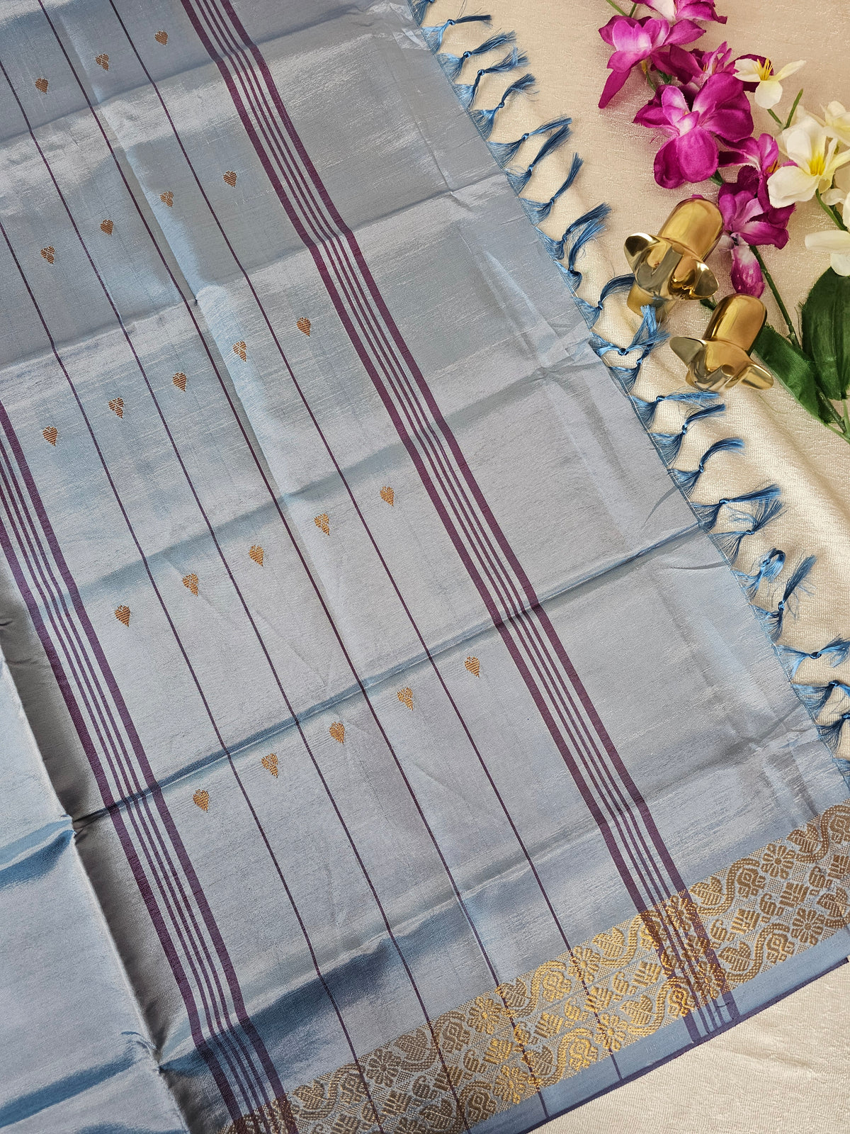 Brown with Grey Purple Chinnalampattu Saree with Blouse