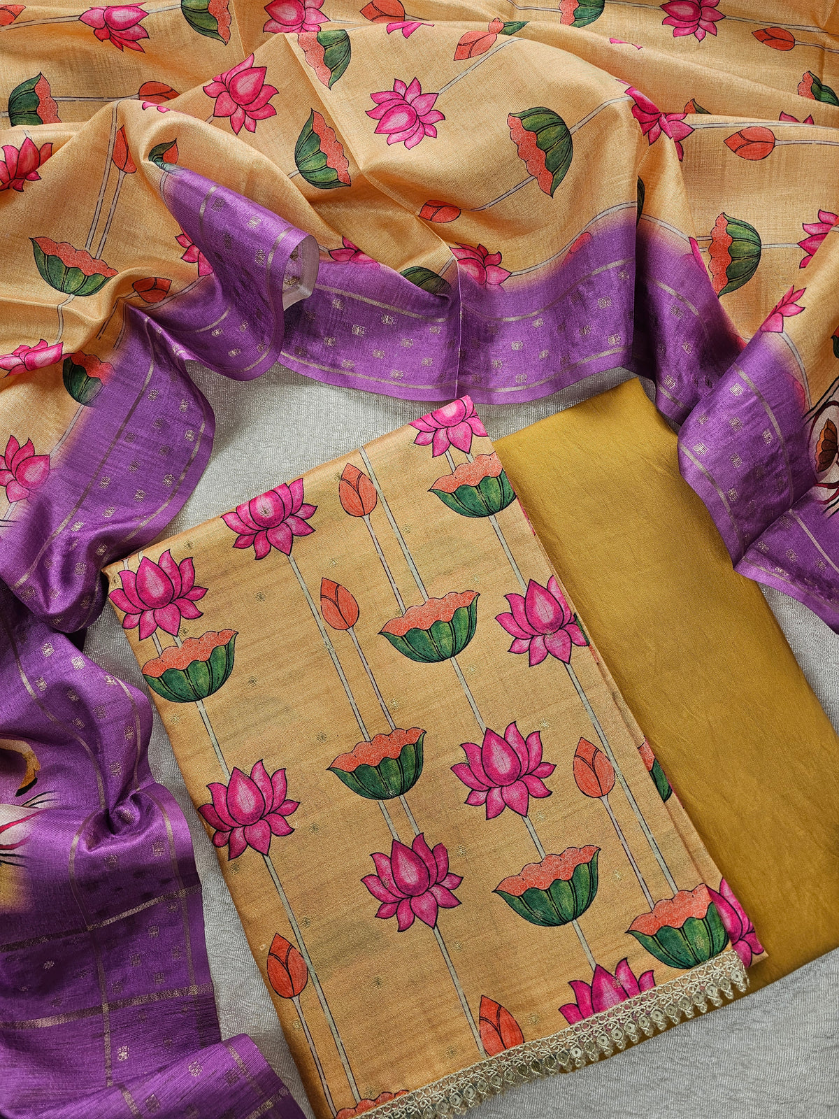 Chanderi Unstitched Salwar Suit  - Sandal with Purple