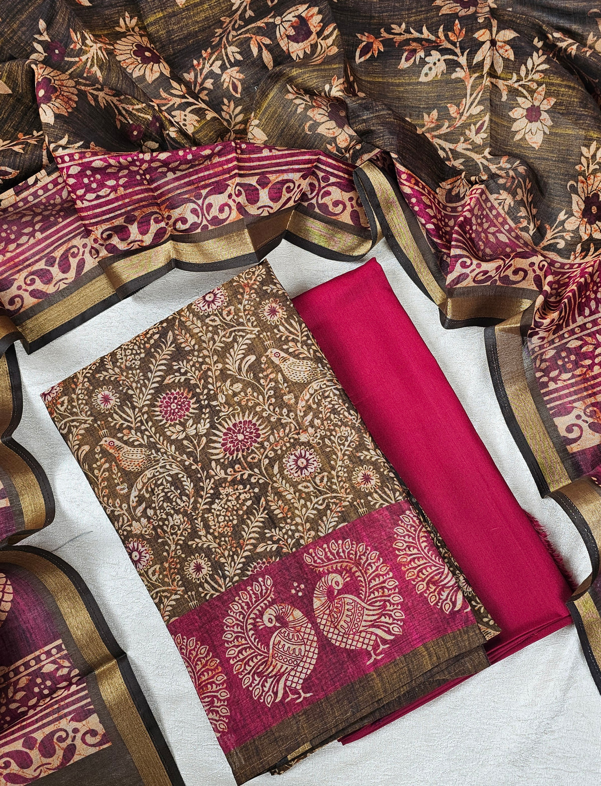 Light Weight Chanderi Unstitched Salwar Suit  - Dark Green