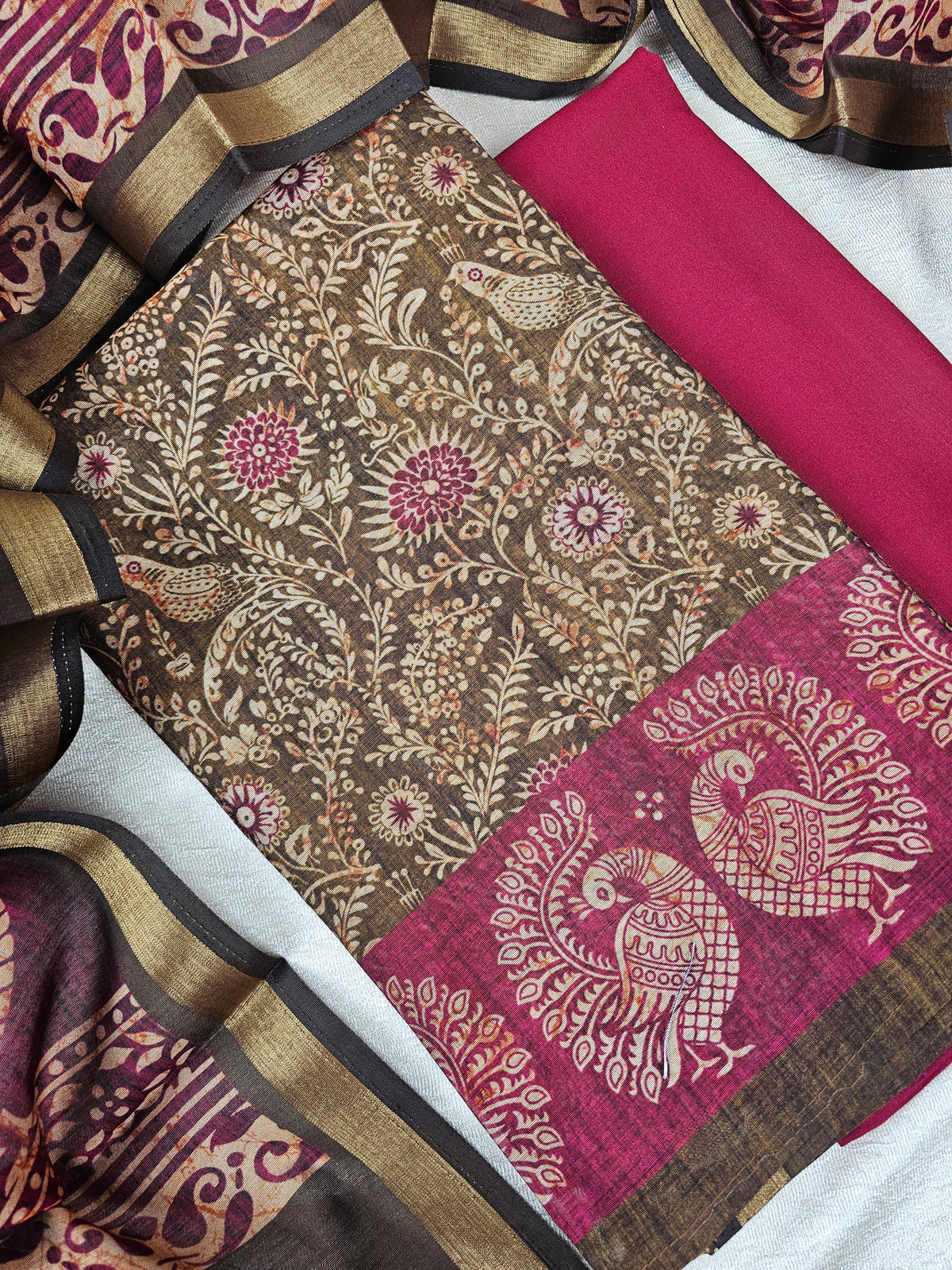 Light Weight Chanderi Unstitched Salwar Suit  - Dark Green