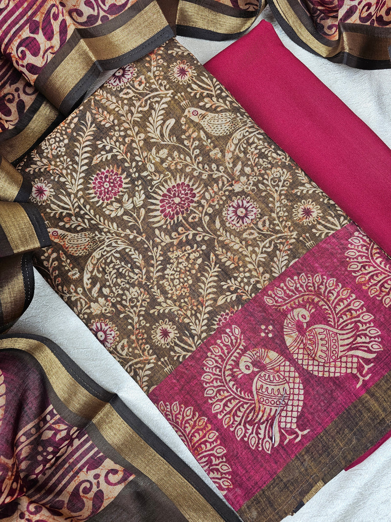 Light Weight Chanderi Unstitched Salwar Suit  - Dark Green