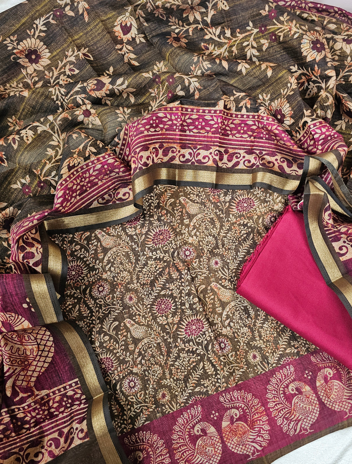 Light Weight Chanderi Unstitched Salwar Suit  - Dark Green