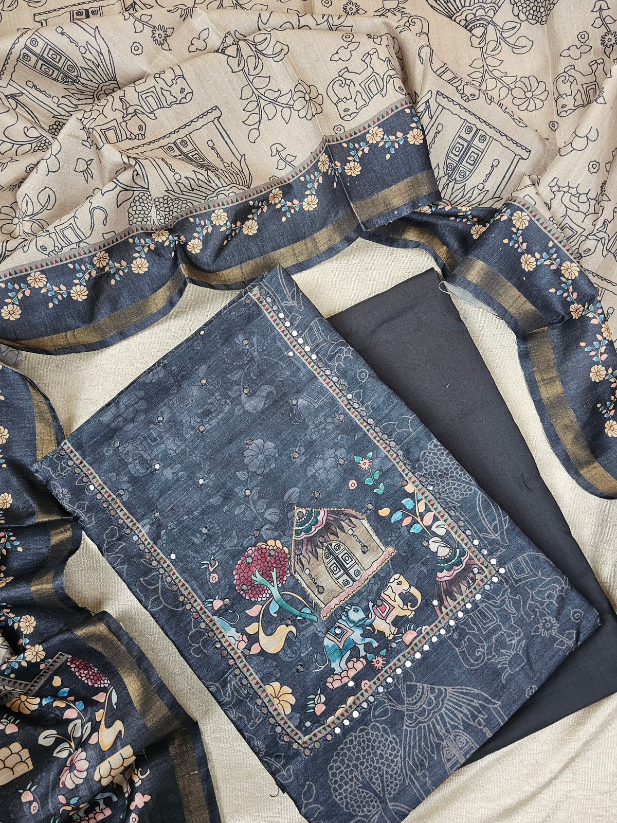 Semi Tussar Unstitched Salwar Suit  - Dark Grey