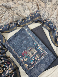 Semi Tussar Unstitched Salwar Suit  - Dark Grey