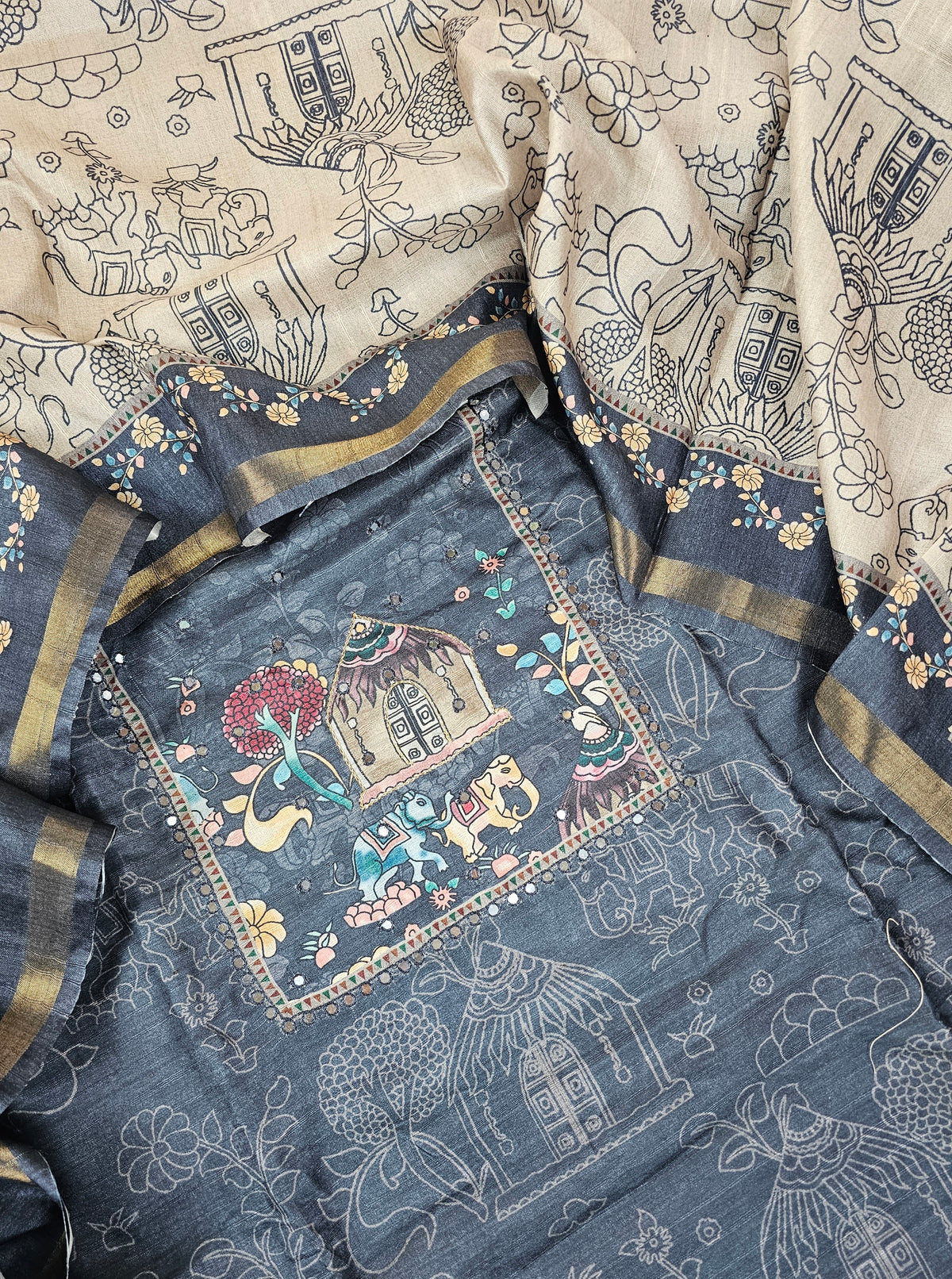 Semi Tussar Unstitched Salwar Suit  - Dark Grey