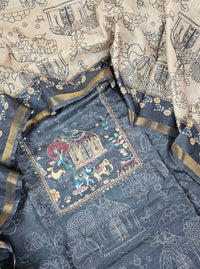 Semi Tussar Unstitched Salwar Suit  - Dark Grey