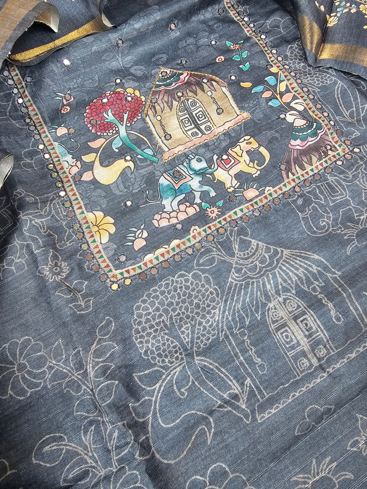 Semi Tussar Unstitched Salwar Suit  - Dark Grey