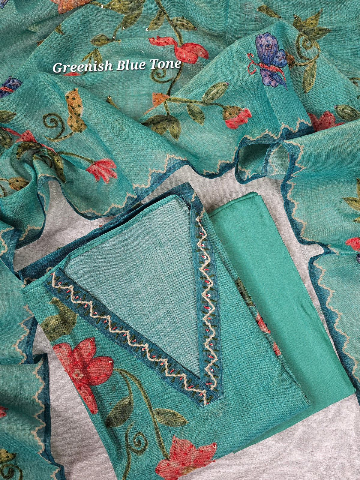 Linen Tissue Unstitched Salwar - Greenish Blue