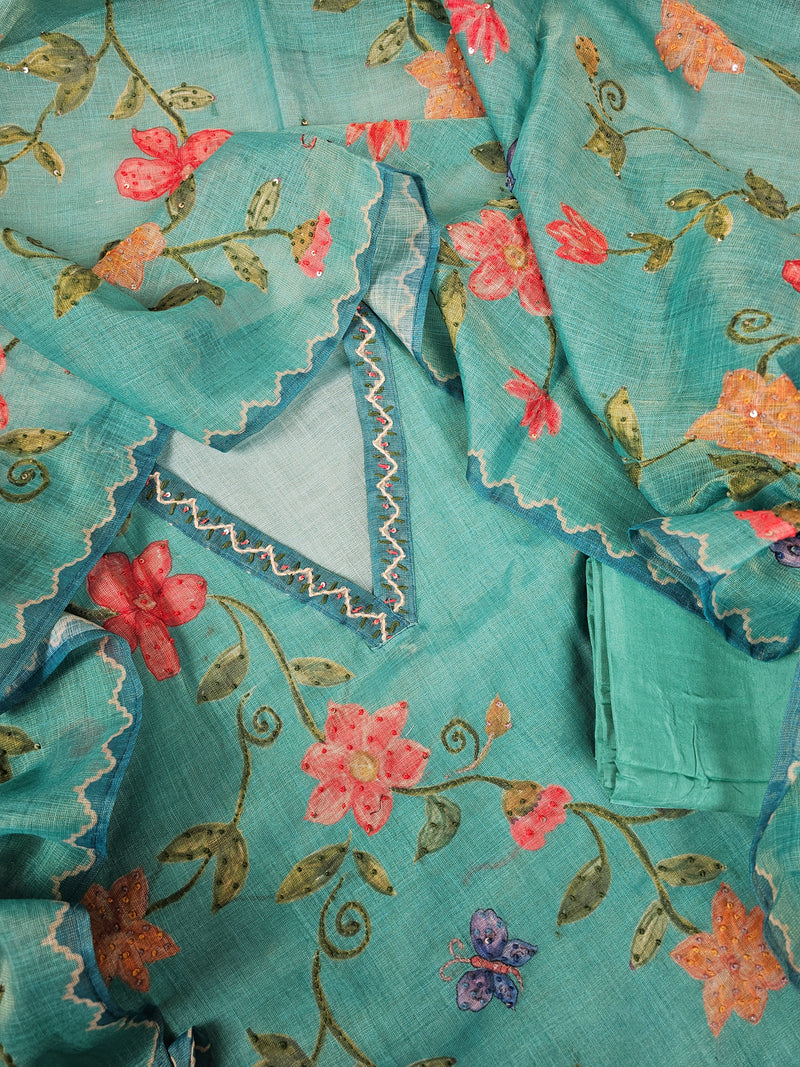 Linen Tissue Unstitched Salwar - Greenish Blue