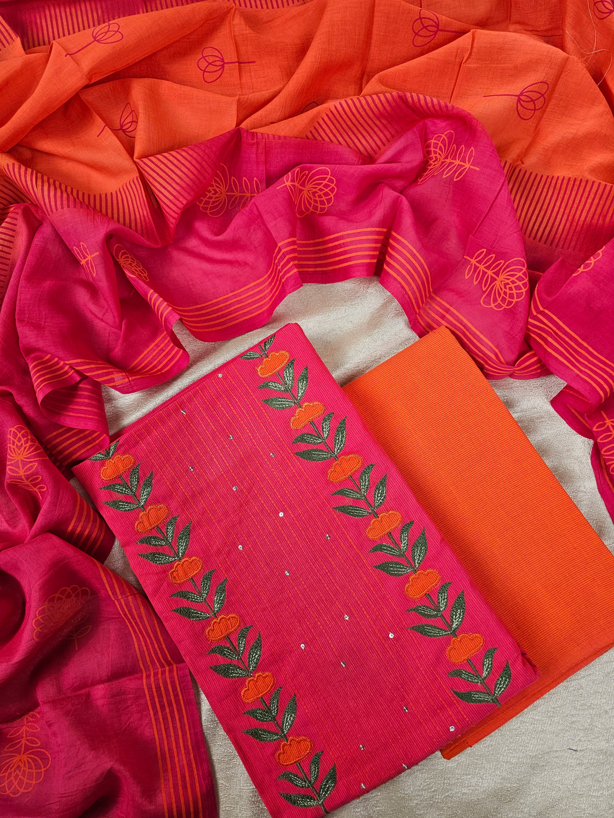 Handloom Pure Cotton Unstitched Salwar - Pink with Orange