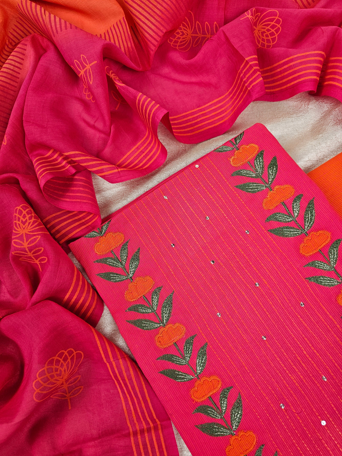 Handloom Pure Cotton Unstitched Salwar - Pink with Orange