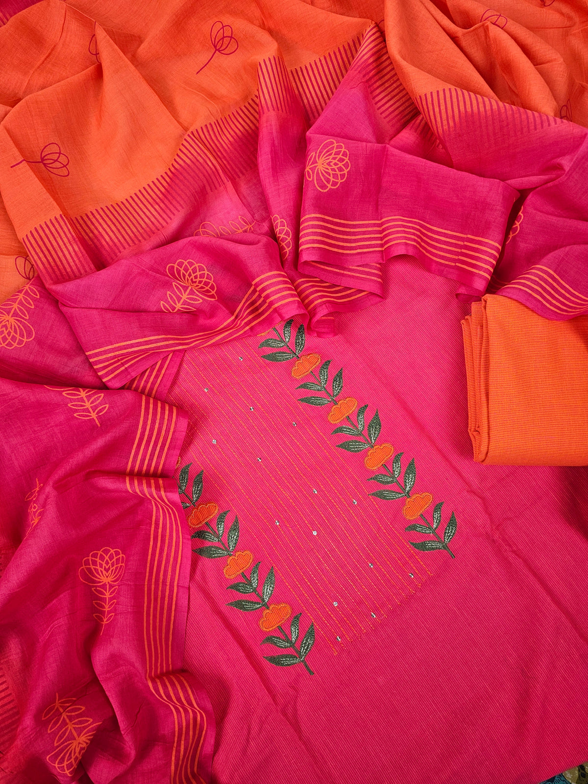 Handloom Pure Cotton Unstitched Salwar - Pink with Orange